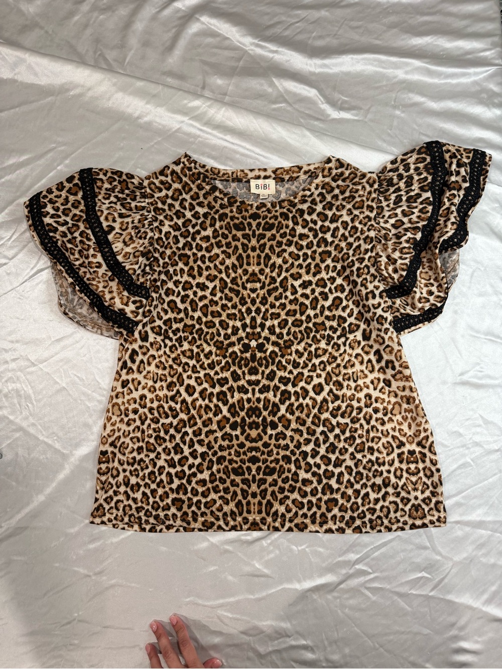 BiBi Leopard Print Flutter Sleeve Top in Tan & Black Trim